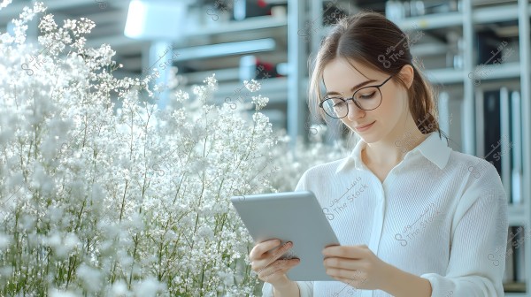 Image of a young woman wearing glasses and a white shirt, standing in a modern indoor setting surrounded by small white flowers. She is holding a tablet, looking focused and smiling. The surroundings are modern, with many flowers adding brightness to the scene.
