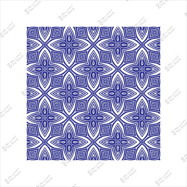A geometric decorative pattern with symmetrical blue shapes on a white background.
