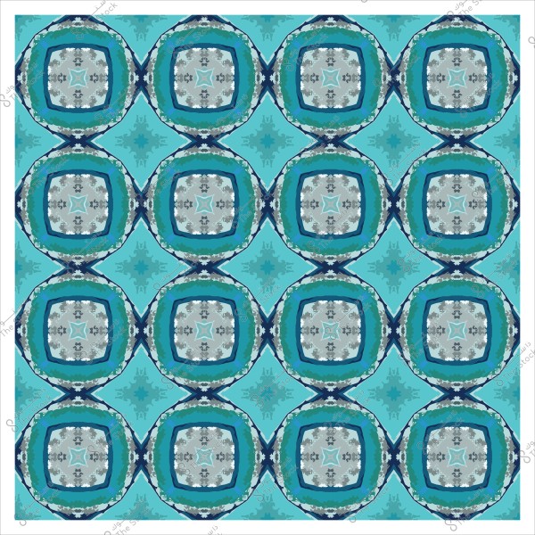 Symmetrical geometric pattern in blue and green colors with repeated square and circular shapes.