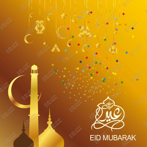 تصميم بطاقة تهنئة بالعيد بخلفية ذهبية مزينة بزخارف هلال ونجوم وزخارف إسلامية, مع عبارة \"عيد مبارك\" مكتوبة باللغة العربية.