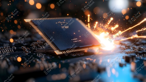 The image shows an electronic circuit featuring a central processing unit chip mounted on a printed circuit board. The chip appears three-dimensional and is surrounded by a bright glow and fiery sparks, adding a sense of motion. The background is blurred, highlighting the intricate circuitry.