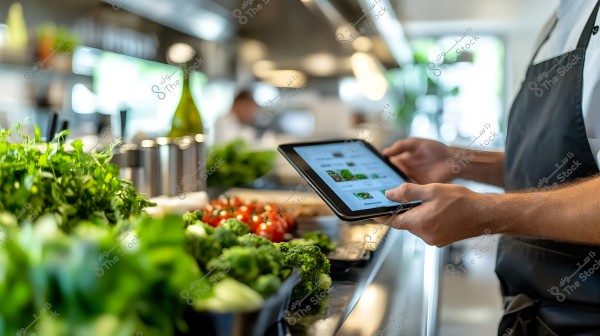 The image shows a chef wearing an apron using a tablet in a modern kitchen. On the counter in front of him, there is an assortment of fresh vegetables such as green peppers, broccoli, and tomatoes. The lighting is bright, and the kitchen looks clean and organized with utensils and tools visible on the shelves in the background.