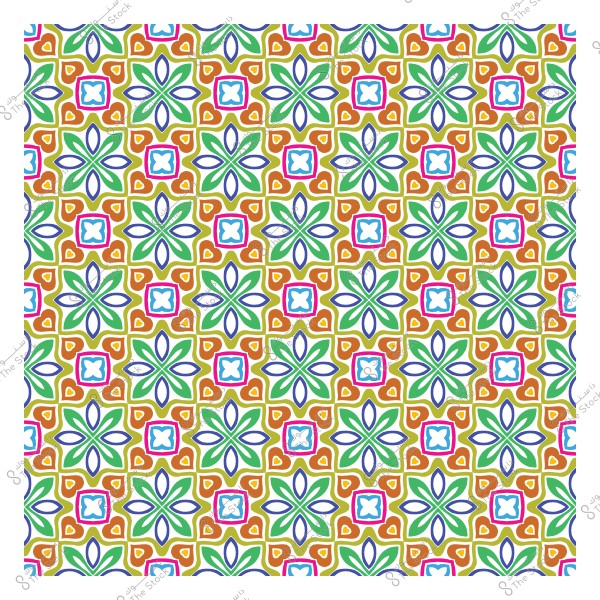 نمط زخرفي هندسي ملون بتصميم متكرر يشبه الأرابيسك, يحتوي على أشكال نجومية وزهور بألوان الأخضر والأزرق والبرتقالي.