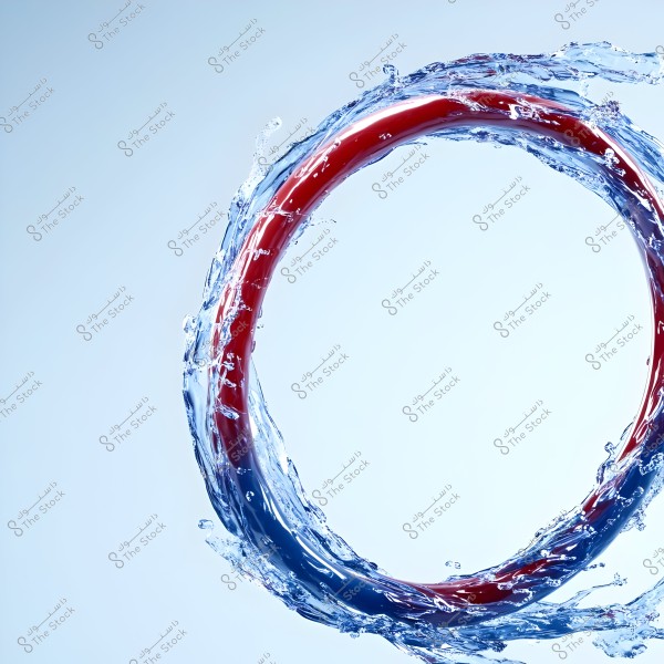 An image showing a red hoop with blue water flowing around it in a circular motion, set against a white background.