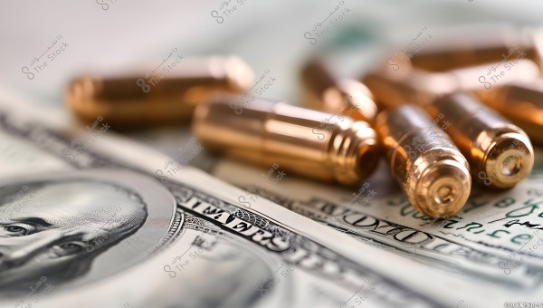 Golden bullets placed over a stack of American one hundred dollar bills, reflecting a concept of violence and money or crime related to money.\r\n\r\n###