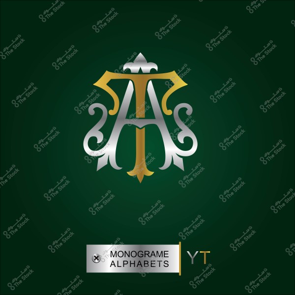 تصميم شعار بأحرف متداخلة باللونين الذهبي والفضي على خلفية خضراء.