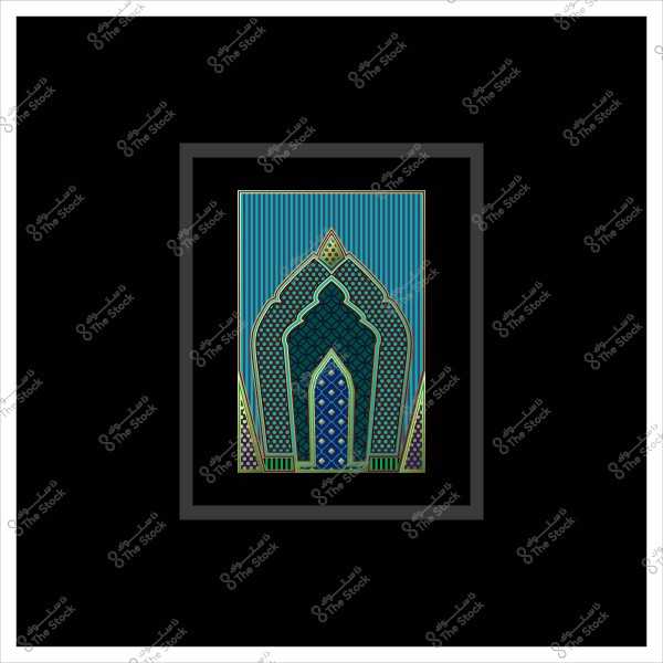 لوحة زخرفية ملونة بتصميم إسلامي ونمط هندسي باللونين الأزرق والأخضر في إطار داكن.