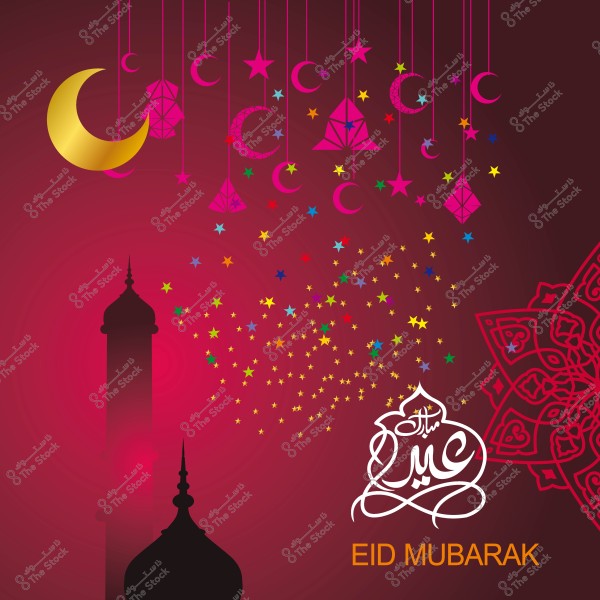 A design for Eid al-Adha greetings featuring a crescent moon, Arabic decorations, and the words \"Eid Mubarak\".