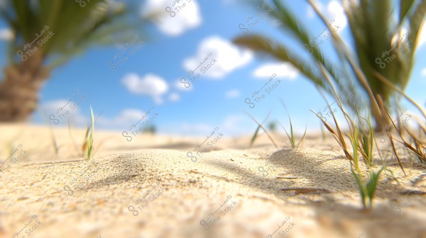 An image showing a natural desert scene featuring golden sand with some grass and palm trees in the background. The sky is clear blue with some scattered clouds.\r\n\r\n###