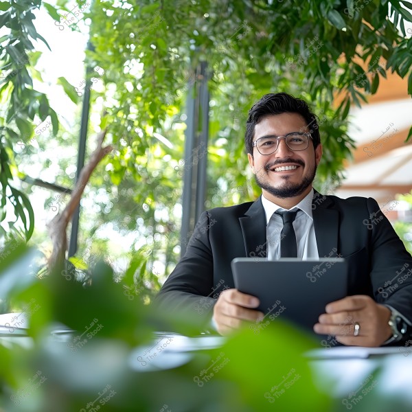 A man wearing a black suit and black tie is sitting at a table while holding a tablet. He is smiling, and the background is filled with green plants, suggesting the setting is either outdoors or in a natural environment.
