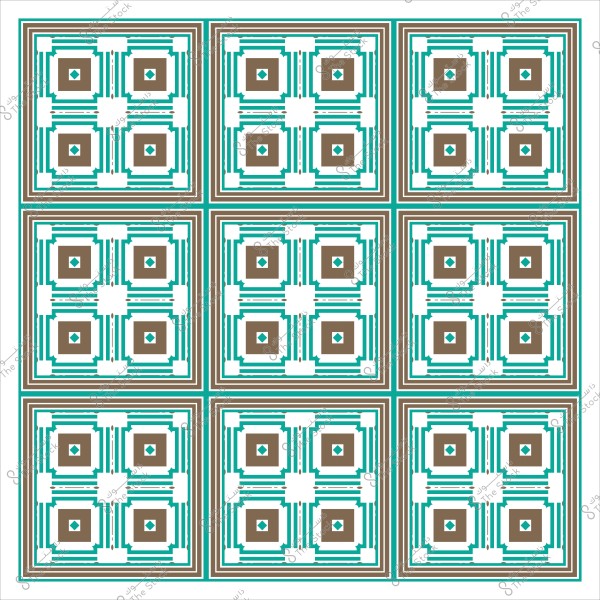 نمط هندسي زخرفي مكون من تسعة مربعات متماثلة بألوان بنية وخضراء وزرقاء.