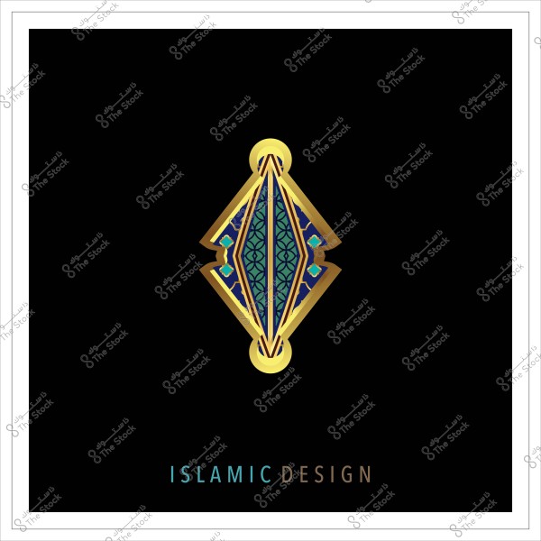 تصميم إسلامي ملون بألوان الذهب والأخضر والأزرق على خلفية سوداء. التصميم مزخرف بخطوط هندسية متداخلة ويظهر بشكل متماثل في المركز. يوجد في الأسفل نص باللغة الإنجليزية مكتوب "تصميم إسلامي".

-