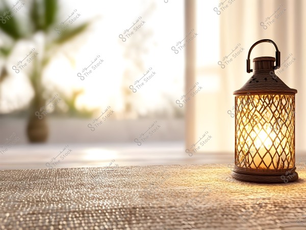 An image showing a lit metal lantern on a wooden surface, with a background containing palm trees outside a glass window, creating a cozy and warm atmosphere. Sunlight pours through the window, blending the natural light with the artificial glow of the lantern.