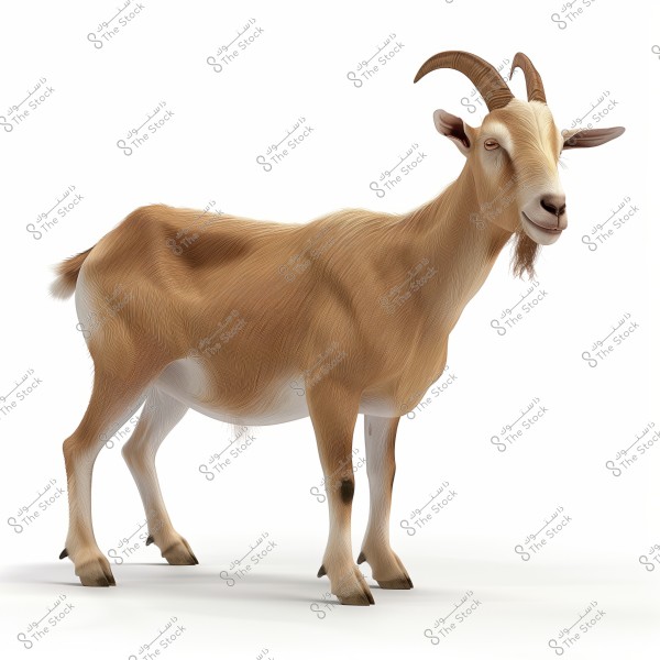 An image showing a light brown goat with a shiny coat, standing facing left against a white background. The ears are perked up and the tail is short.