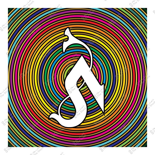 Artistic design featuring an Arabic letter in white with a multicolored background composed of overlapping circles. The background includes red, blue, yellow, and green colors, creating a striking visual effect.
