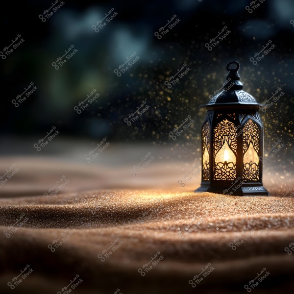 An ornate metal lantern emits a warm glow in the middle of the sand, with intricate design details. It is surrounded by a mysterious nighttime ambiance with shimmering light effects that look like fine particles in the air.