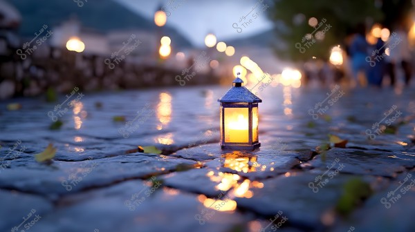 A small illuminated lantern placed on a wet cobblestone path after rain. The lantern\'s light reflects on the wet stones, with scattered leaves around it. In the background, there is a line of lit lights and blurred trees under a cloudy sky.