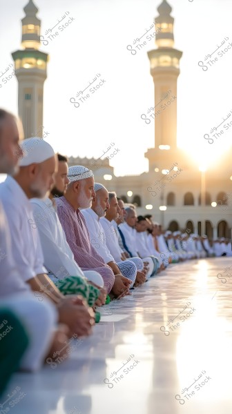 A group of men sitting in a row in a large mosque courtyard for prayer, wearing various traditional Islamic garments, illuminated by sunlight. Two ornate minarets of the mosque are visible in the background, featuring distinctive Islamic architecture.