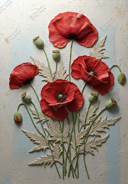 An image depicting a group of large, red poppy flowers prominently sculpted on a textured light-colored wall background. The poppies are depicted with vibrant colors and detailed with green leaves and unopened buds, adding a dimensional artistic effect.