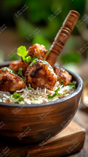An image of a wooden bowl filled with white rice garnished with fresh green herbs and pieces of grilled chicken. There is a wooden stick inside the bowl, serving as a handle, adding a traditional touch to the presentation. The blurred background accentuates the details of the dish.