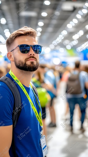 صورة لرجل يرتدي نظارات شمسية ومعه حقيبة ظهر. يرتدي تيشيرت أزرق وبطاقة هوية معلقة بشريط أصفر. الخلفية بها أشخاص وبيئة مزدحمة, مما يشير إلى أنه في مؤتمر أو معرض.