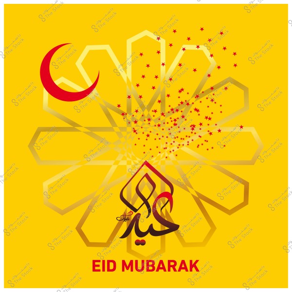بطاقة تهنئة بالعيد بخلفية صفراء, مع هلال وأشكال نجمية حمراء, مكتوب عليها \"عيد مبارك\".