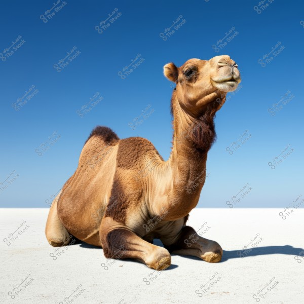 A brown camel sitting on a sandy ground under a clear blue sky. The camel appears relaxed, with sunlight casting a distinct shadow on the white sand around it.