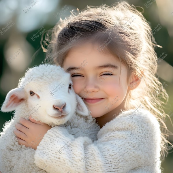 An image of a young girl gently hugging a small lamb. The girl is wearing a soft woolen sweater, and the lamb looks calm and fluffy with its thick white fur. The girl\'s smile highlights her happiness in a warm and bright outdoor moment.
