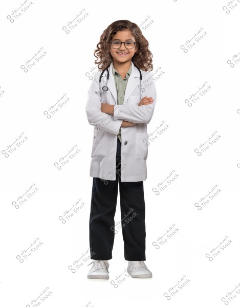 A portrait of a young girl standing confidently wearing a white doctor\'s coat with a stethoscope around her neck. The girl is smiling and wearing glasses, standing against a white background. She is wearing a light green shirt and black pants with white sneakers.