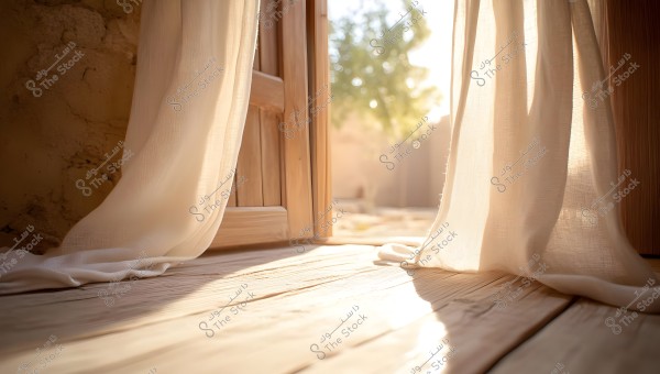 A light-colored sheer curtain gently sways at the entrance of an open wooden door leading to a garden under sunlight. The flooring is wooden, and the lighting is natural and soft, with a blurred background showing some trees in the outdoor yard.