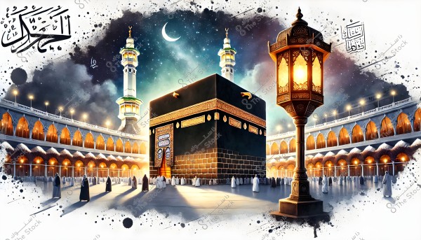 An artistic image of the Kaaba at the Masjid al-Haram in Mecca. The Kaaba is illuminated with golden lights surrounded by the courtyard of the mosque, with people wearing ihram clothing. Stars twinkle in the night sky with a crescent moon visible. A traditional lit lantern is in the foreground. The image also features Arabic calligraphy and Islamic decorations.