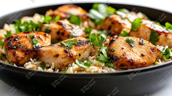 A dish featuring pieces of marinated grilled chicken placed on a bed of seasoned white rice, garnished with fresh green coriander leaves. The chicken is glazed with a golden-brown finish, carefully arranged inside a black bowl.