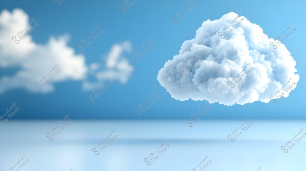 A large white cloud floats in a clear blue sky, with other clouds appearing blurred in the background. The surface below reflects some light, adding a serene visual touch to the scene.