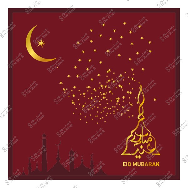 تصميم بطاقة تهنئة بالعيد باللونين الذهبي والأحمر تحتوي على هلال وزخارف إسلامية مع عبارة \"عيد مبارك\".