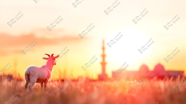 A white goat stands in a field during sunset, with the silhouettes of a mosque and minaret in the background. The sky is painted with orange and yellow hues reflecting the bright sunlight.