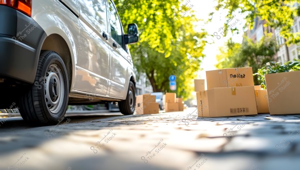 The image shows a white vehicle parked on a cobblestone street, surrounded by multiple cardboard boxes. Green trees shade the street in the background, with their leaves illuminated by sunlight.