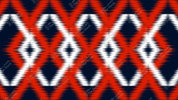 تصميم نمطي يظهر أنماط هندسية مكررة بألوان الأحمر والأبيض على خلفية زرقاء داكنة. الأنماط تتكون من خطوط متعرجة وأشكال ماسية ذات حواف غير منتظمة مما يعطي تأثيراً بصرياً يشبه الأقمشة التقليدية.