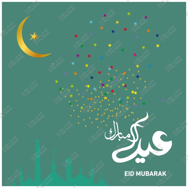 Eid greeting design featuring a golden crescent, colorful stars above Islamic minarets, and \"Eid Mubarak\" written in Arabic calligraphy.