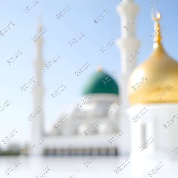 The image features a golden dome of a mosque, alongside a green dome and tall white minarets in the background. The colors are vibrant under a clear blue sky.