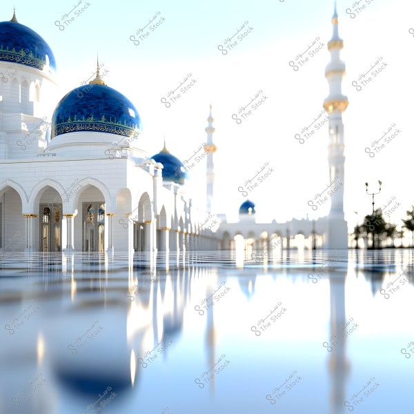 An image showing a large mosque with prominent Islamic architectural design, featuring giant blue domes and golden decorations. The domes and ornate windows reflect sunlight on the gleaming floor of the mosque, creating a majestic and stunning view. Tall white minarets with golden details are also visible in the background.