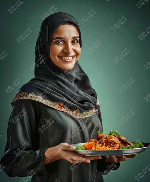 A portrait of a smiling woman wearing a black headscarf and a traditional dress with decorative embroidery. She is holding a plate with food, including pieces of grilled chicken and some vegetables, against a simple green background.