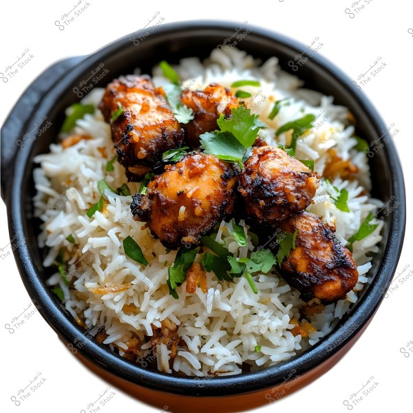An image of a dish of white rice garnished with pieces of grilled chicken. The chicken is browned with a reddish hue and covered in flavorful spices, topped with fresh parsley. The dish is served in a brown bowl.