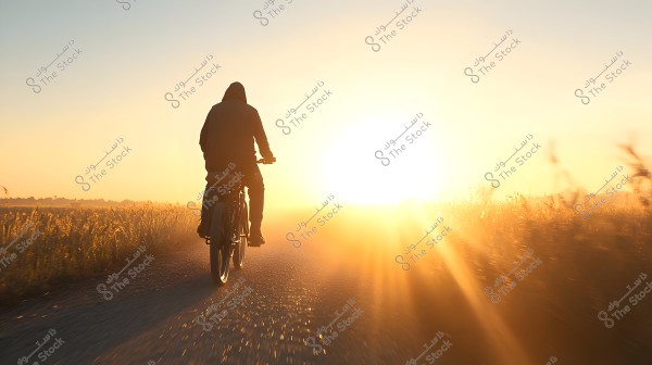 A person wearing a hoodie riding a bicycle on a narrow road surrounded by golden fields at sunset, with the sun\'s rays casting a warm yellow light over the scene.