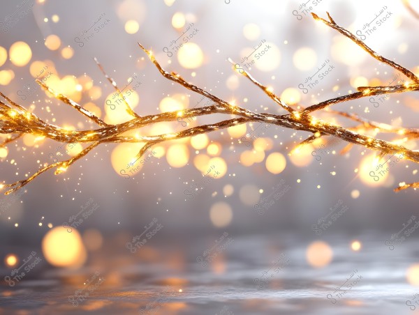 An image of a glowing decorative branch illuminated in the center of the picture against a blurred background with shades of sparkling golden round lights. The image conveys a sense of warmth and festivity, with the branches shimmering with numerous tiny twinkling lights.