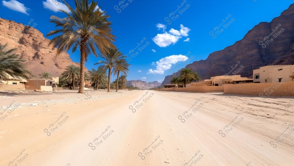 A serene desert scene with a sandy road lined with tall palm trees. The road runs between towering rocky mountains and low traditional brick buildings. The sky is a clear blue with a few small white clouds, reflecting a bright and pleasant weather.