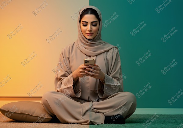 Image of a woman wearing a beige abaya and hijab with embroidered patterns, sitting cross-legged on the floor and using a smartphone. The background is split between blue and orange, with a beige cushion beside her.