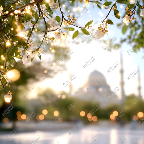 An image showing a flowering tree branch with small decorative lights hanging among the leaves and white blossoms. In the blurred background, there is a mosque with domes and minarets under a clear sky, suggesting a peaceful morning scene.