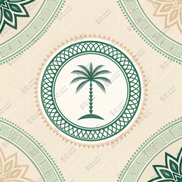 تصميم دائري مزخرف يحتوي على نخلة خضراء في الوسط, محاطة بأنماط هندسية معقدة باللونين الأخضر والبيج. الخلفية مزينة بأشكال دائرية ونباتية في زوايا الصورة.