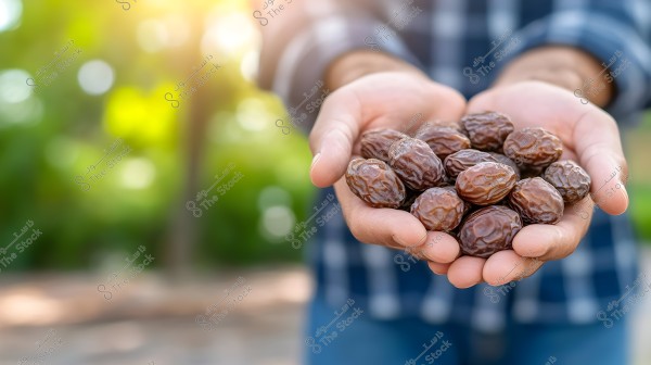 The image shows two hands holding a bunch of brown dates. The background is blurred, suggesting a natural setting with warm sunlight. The person appears to be wearing a blue plaid shirt.