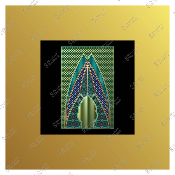 تصميم معمار عربي بأنماط هندسية متداخلة متنوعة الألوان, يقع في وسط إطار أسود مع خلفية ذهبية. التصميم يتميز بأقواس ونقوش متشابكة بشكل متناسق.

-